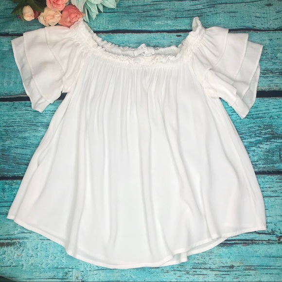 ASTR White Boho Ruched Neck Off Shoulder Blouse - Picture 1 of 5